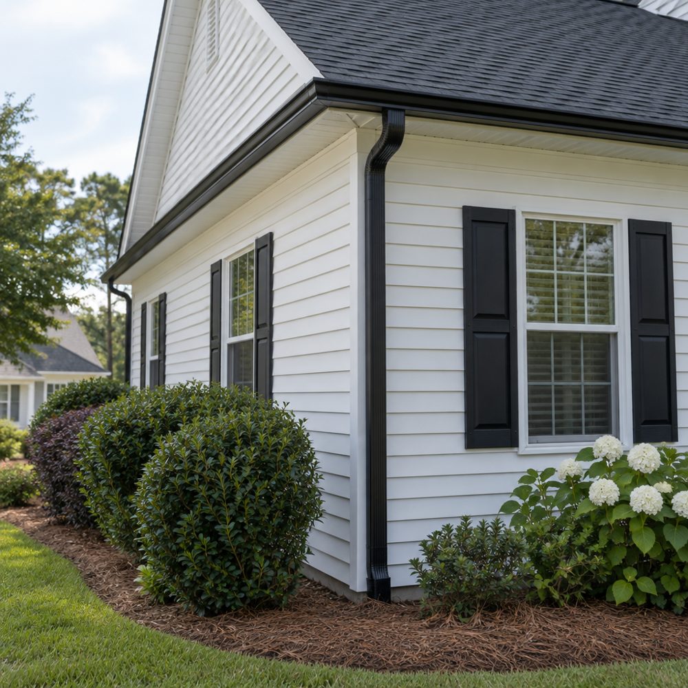 New black gutter and downspout on a white-sided home