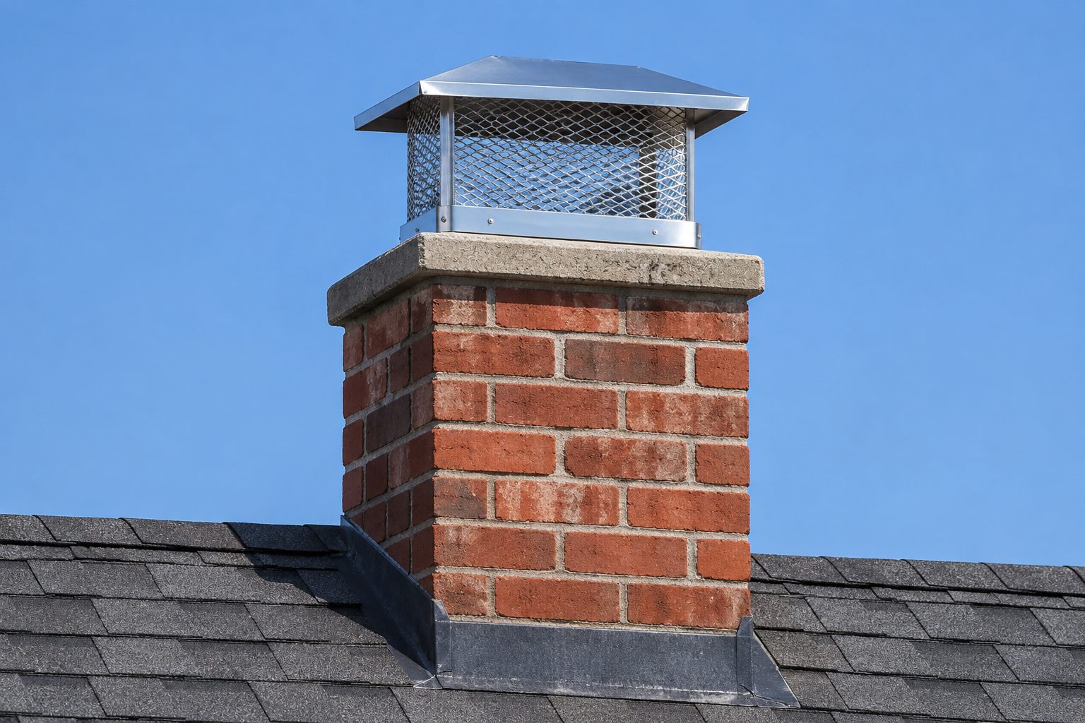 New stainless steel chimney cap on a brick chimney