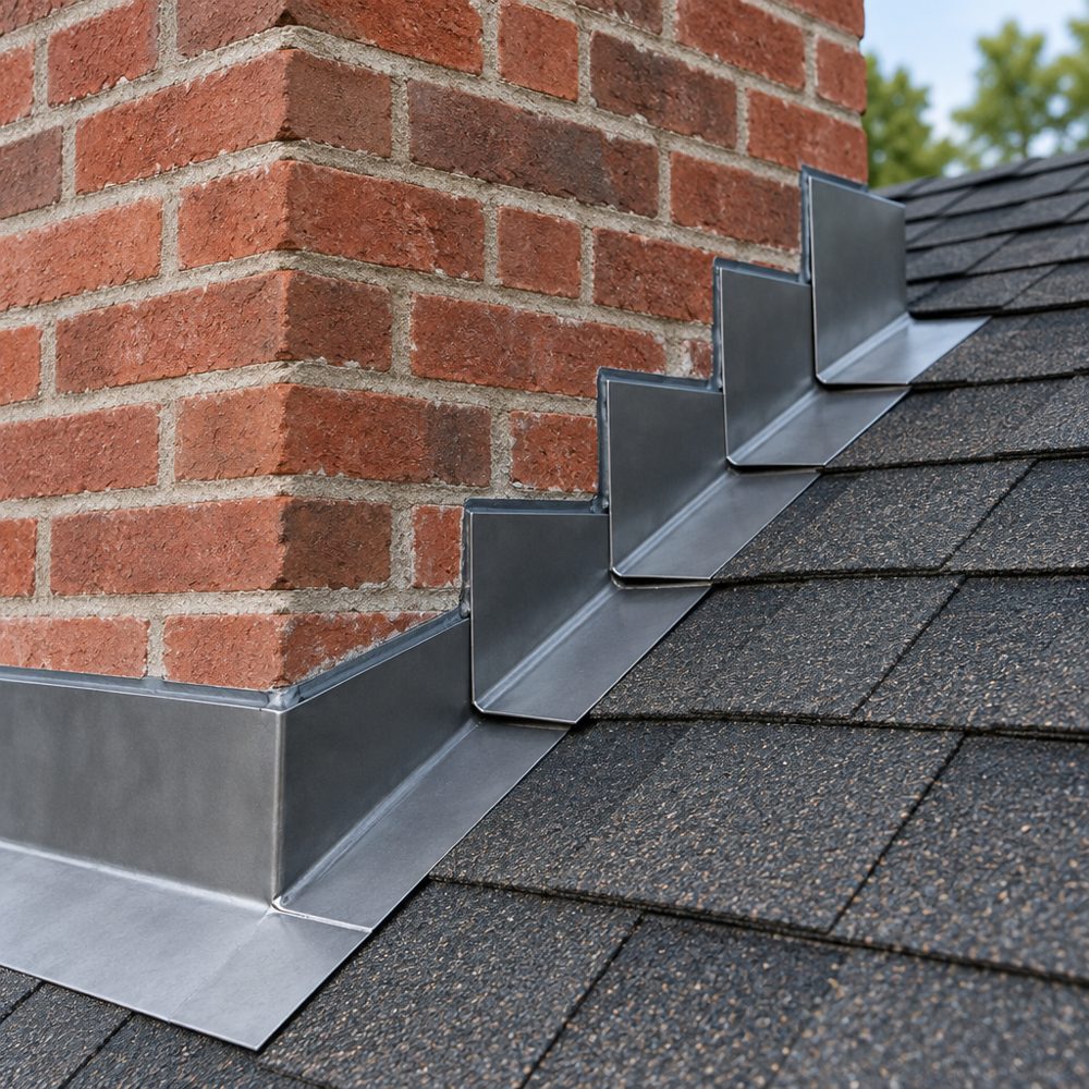 New chimney flashing where a brick chimney meets a shingle roof
