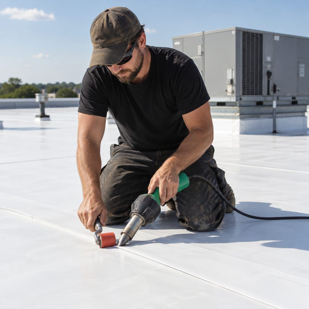 Roofer repairing a seam on a white commercial roof membrane