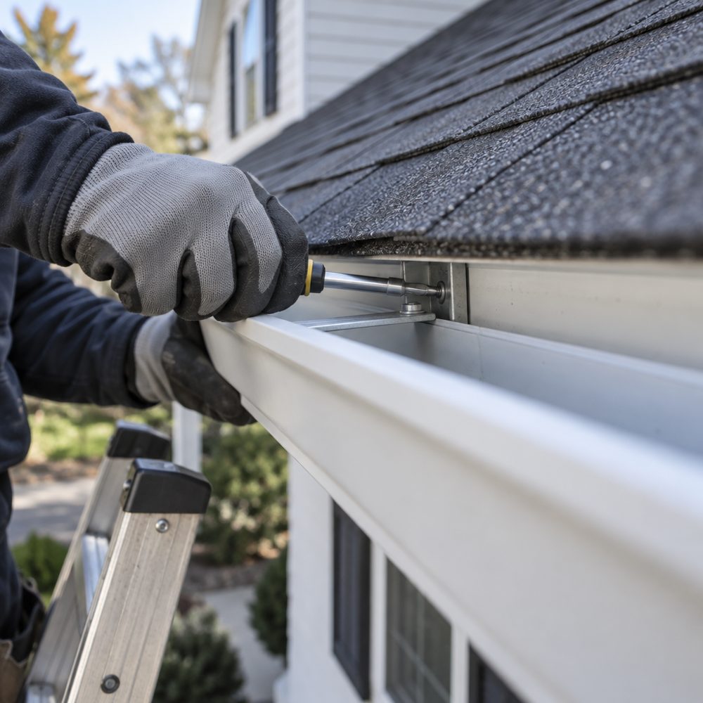 Gloved hand tightening a gutter hanger during a gutter repair