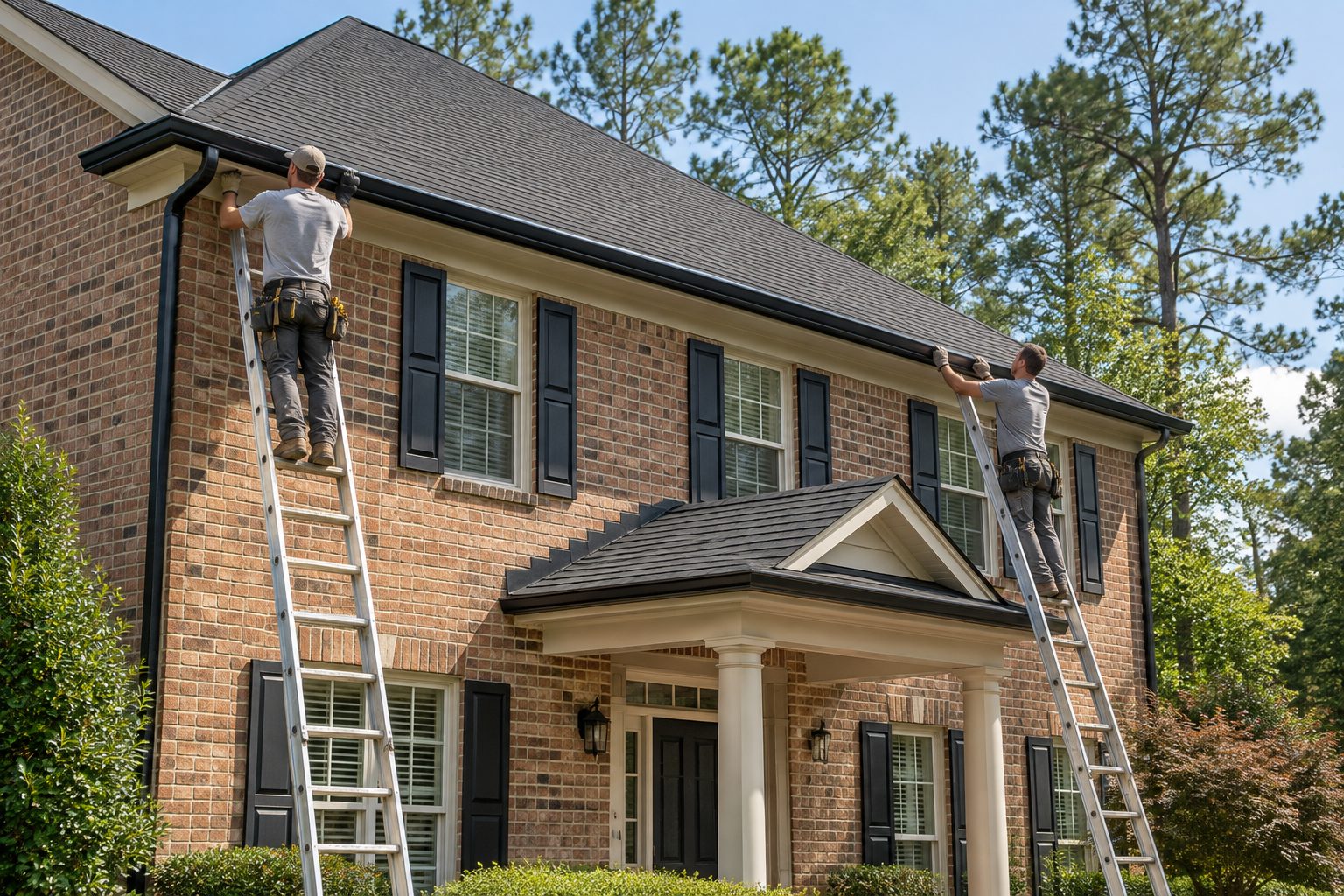 Roofers installing new seamless gutters on a brick home
