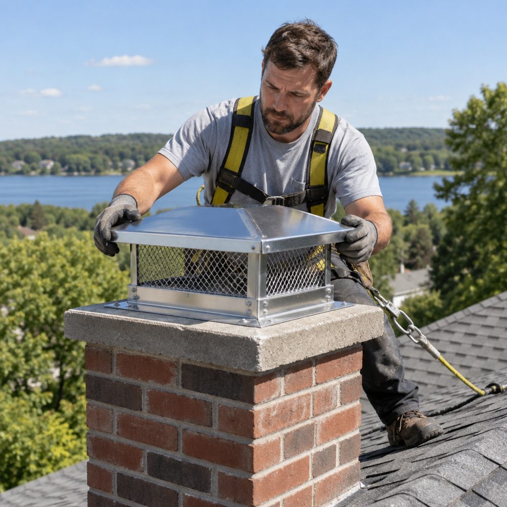 Roofer fitting a chimney cap on a brick chimney